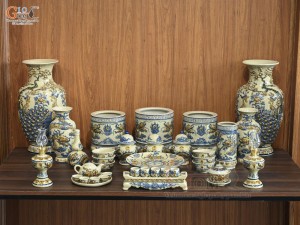 Bộ đồ thờ Phúc Mãn Long Đường men hoàng tộc đắp nổi Rồng (Ban Thờ 1m53)