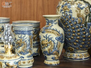 Bộ đồ thờ Phúc Mãn Long Đường men hoàng tộc đắp nổi Rồng (Ban Thờ 1m53)