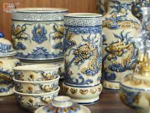 Bộ đồ thờ Phúc Mãn Long Đường men hoàng tộc đắp nổi Rồng (Ban Thờ 1m53)