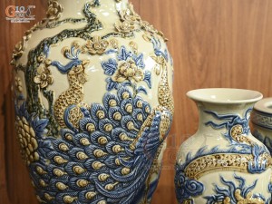 Bộ đồ thờ Phúc Mãn Long Đường men hoàng tộc đắp nổi Rồng (Ban Thờ 1m53)