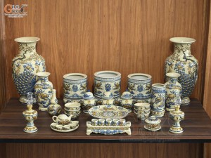 Bộ đồ thờ Phúc Mãn Long Đường men hoàng tộc đắp nổi Rồng (Ban Thờ 1m53)