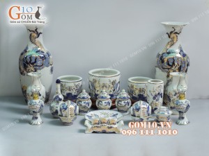 Bộ đồ thờ men lam cổ họa tiết Rồng Sen - vẽ vàng 24k cao cấp