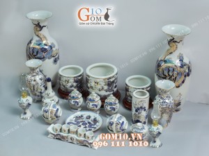 Bộ đồ thờ men lam cổ họa tiết Rồng Sen - vẽ vàng 24k cao cấp 01