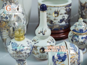 Bộ đồ thờ men lam cổ họa tiết Rồng Sen - vẽ vàng 24k cao cấp 01