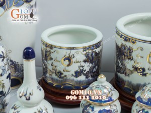 Bộ đồ thờ men lam cổ họa tiết Rồng Sen - vẽ vàng 24k cao cấp 01