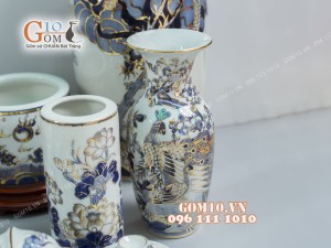 Bộ đồ thờ men lam cổ họa tiết Rồng Sen - vẽ vàng 24k cao cấp 01