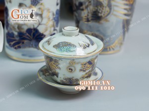 Bộ đồ thờ men lam cổ họa tiết Rồng Sen - vẽ vàng 24k cao cấp 01