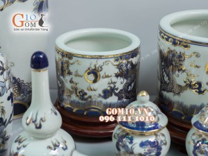 Bộ đồ thờ men lam cổ họa tiết Rồng Sen - vẽ vàng 24k cao cấp 01