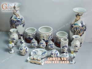 Bộ đồ thờ men lam cổ họa tiết Rồng Sen - vẽ vàng 24k cao cấp