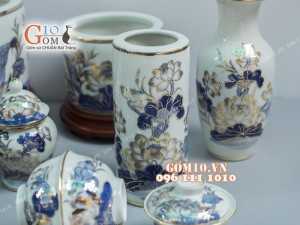 Bộ đồ thờ men lam cổ họa tiết Rồng Sen - vẽ vàng 24k cao cấp