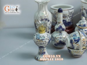 Bộ đồ thờ men lam cổ họa tiết Rồng Sen - vẽ vàng 24k cao cấp