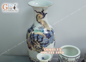 Bộ đồ thờ men lam cổ họa tiết Rồng Sen - vẽ vàng 24k cao cấp