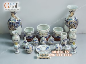 Bộ đồ thờ men lam cổ họa tiết Rồng Sen - vẽ vàng 24k cao cấp