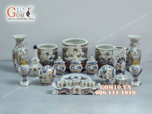 Bộ đồ thờ men lam cổ họa tiết Rồng Sen PHÚ QUÝ - vẽ vàng 24k cao cấp