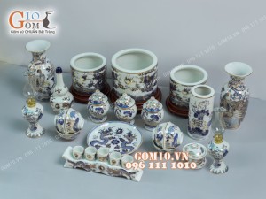 Bộ đồ thờ men lam cổ họa tiết Rồng Sen PHÚ QUÝ - vẽ vàng 24k cao cấp