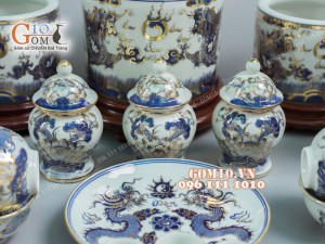Bộ đồ thờ men lam cổ họa tiết Rồng Sen PHÚ QUÝ - vẽ vàng 24k cao cấp