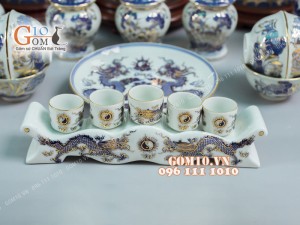 Bộ đồ thờ men lam cổ họa tiết Rồng Sen PHÚ QUÝ - vẽ vàng 24k cao cấp