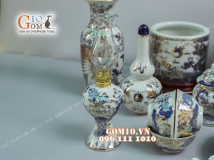 Bộ đồ thờ men lam cổ họa tiết Rồng Sen PHÚ QUÝ - vẽ vàng 24k cao cấp