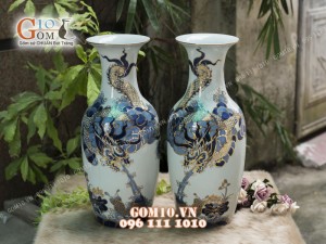 Bộ đồ thờ men lam cổ họa tiết Rồng Sen PHÚ QUÝ - vẽ vàng 24k cao cấp