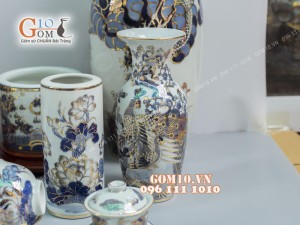 Bộ đồ thờ men lam cổ họa tiết Rồng Sen PHÚ QUÝ - vẽ vàng 24k cao cấp