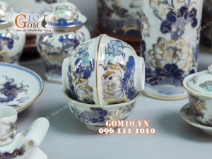 Bộ đồ thờ men lam cổ họa tiết Rồng Sen PHÚ QUÝ - vẽ vàng 24k cao cấp