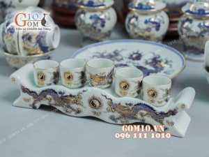 Bộ đồ thờ men lam cổ họa tiết Rồng Sen PHÚ QUÝ - vẽ vàng 24k cao cấp