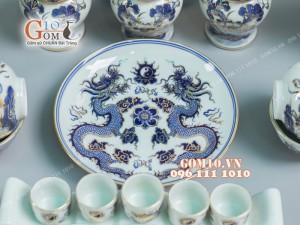 Bộ đồ thờ men lam cổ họa tiết Rồng Sen PHÚ QUÝ - vẽ vàng 24k cao cấp