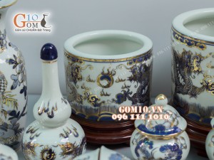 Bộ đồ thờ men lam cổ họa tiết Rồng Sen PHÚ QUÝ - vẽ vàng 24k cao cấp