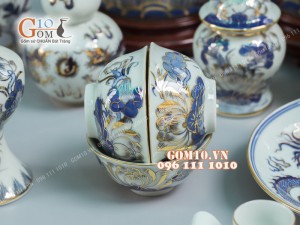 Bộ đồ thờ men lam cổ họa tiết Rồng Sen PHÚ QUÝ - vẽ vàng 24k cao cấp