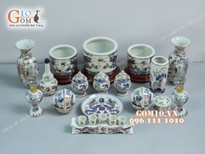 Bộ đồ thờ men lam cổ họa tiết Rồng Sen PHÚ QUÝ - vẽ vàng 24k cao cấp