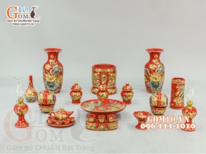 Bộ đồ thờ Trường Thọ đắp nổi, màu đỏ- vẽ vàng 24k