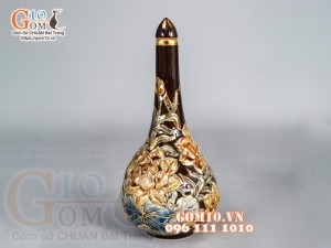 Bộ đồ thờ Trường Thọ đắp nổi, màu nâu - vẽ vàng 24k