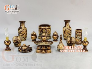 Bộ đồ thờ Trường Thọ đắp nổi, màu nâu - vẽ vàng 24k