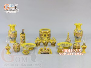 Bộ đồ thờ Trường Thọ đắp nổi, màu vàng - vẽ vàng 24k