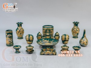 Bộ đồ thờ Trường Thọ đắp nổi, Xanh lục bảo - vẽ vàng 24k