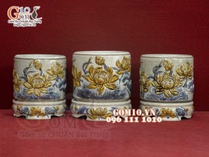 Bộ đồ thờ men rạn đắp nổi Sen Cát Tường cao cấp 01