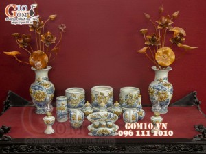 Bộ đồ thờ men rạn đắp nổi Sen Cát Tường cao cấp 01