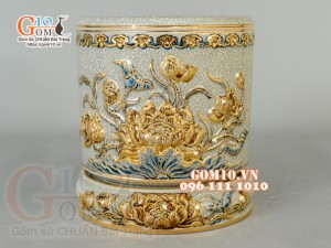 Bộ đồ thờ Trường Thọ men rạn đắp nổi, vẽ vàng 24k