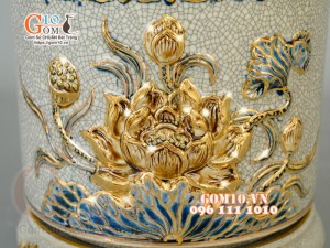 Bộ đồ thờ Trường Thọ men rạn đắp nổi, vẽ vàng 24k