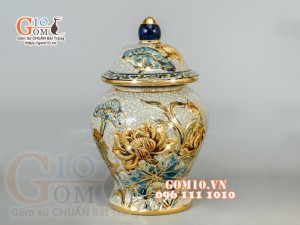 Bộ đồ thờ Trường Thọ men rạn đắp nổi, vẽ vàng 24k