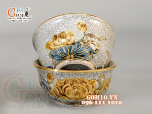 Bộ đồ thờ Trường Thọ men rạn đắp nổi, vẽ vàng 24k