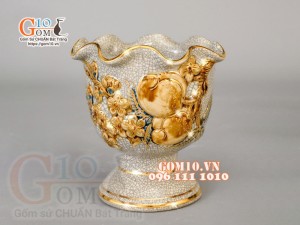 Bộ đồ thờ Trường Thọ men rạn đắp nổi, vẽ vàng 24k