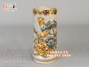 Bộ đồ thờ Trường Thọ men rạn đắp nổi, vẽ vàng 24k