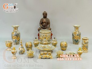 Bộ đồ thờ Trường Thọ men rạn đắp nổi, vẽ vàng 24k