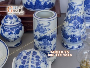 Bộ đồ thờ vẽ sen CÁT TƯỜNG men rong cổ, hàng vẽ tay 100% (có tam cấp)