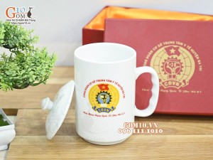 Bộ đôi cốc sứ men trắng in logo quà tặng Trung Tâm Y Tế huyện Ba Trị