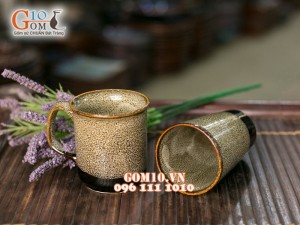 Bộ đôi cốc trà men gấm vàng