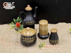 Bộ đựng gia vị 4 món men gốm, in logo thương hiệu