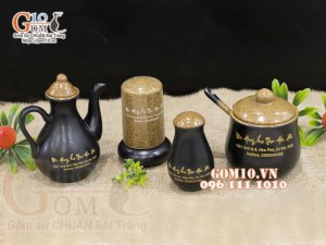 Bộ đựng gia vị 4 món men gốm, in logo thương hiệu