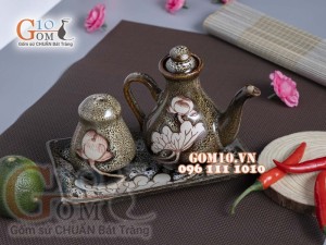 Bộ đựng gia vị Tiêu - Mắm men gấm vàng khắc sen